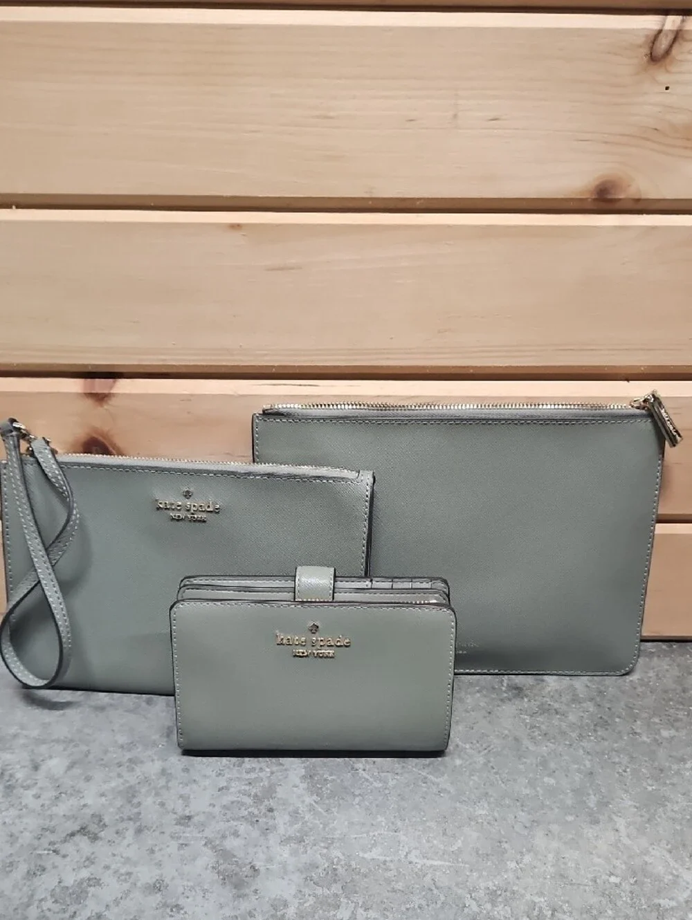 kate spade sage green leather tote with coordinating pouches